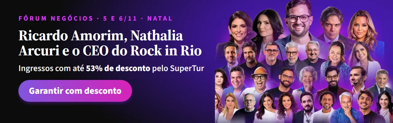 Ricardo Amorim, Nathalia Arcuri e o CEO do Rock in Rio no Fórum Negócios. Ingressos com até 53% de desconto pelo SuperTur.
